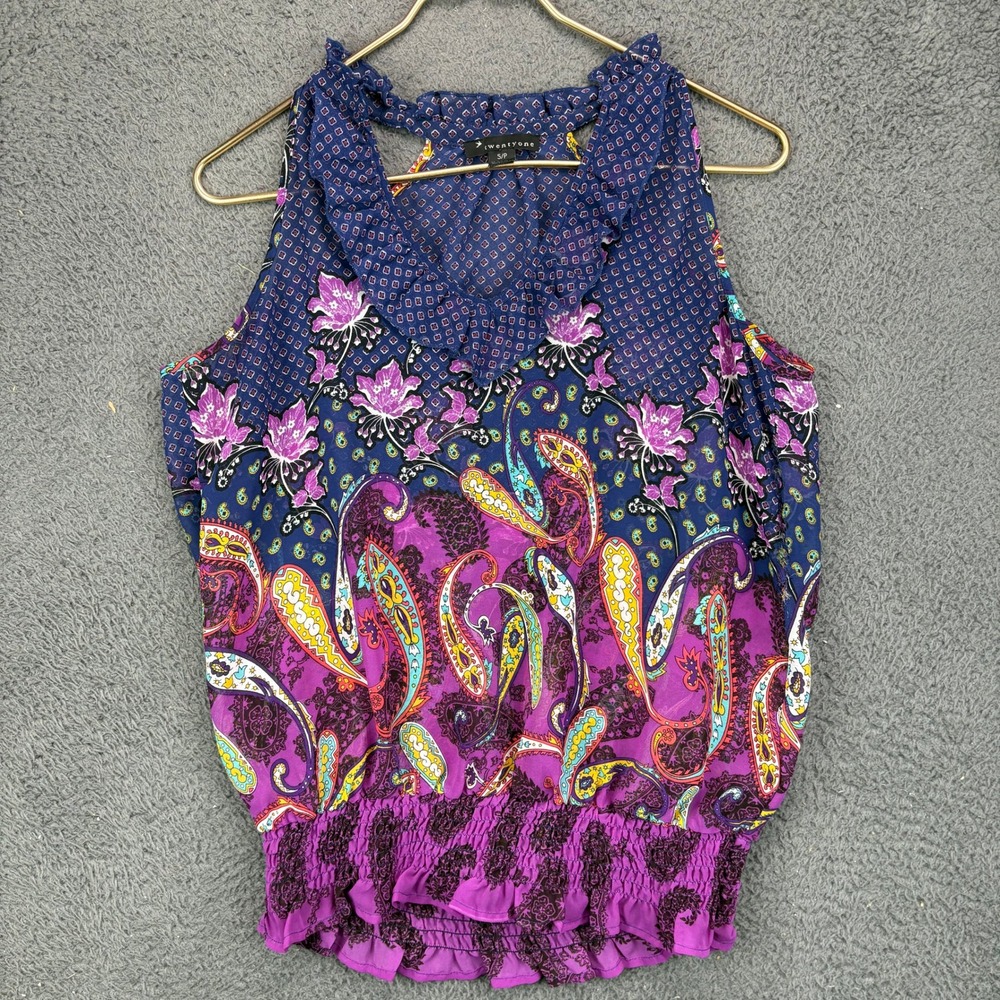 Twentyone Womens Purple‎ Paisley Floral Ruffle Neck Smocked Waist Tank Top Small